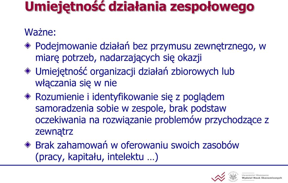 Rozumienie i identyfikowanie się z poglądem samoradzenia sobie w zespole, brak podstaw oczekiwania na