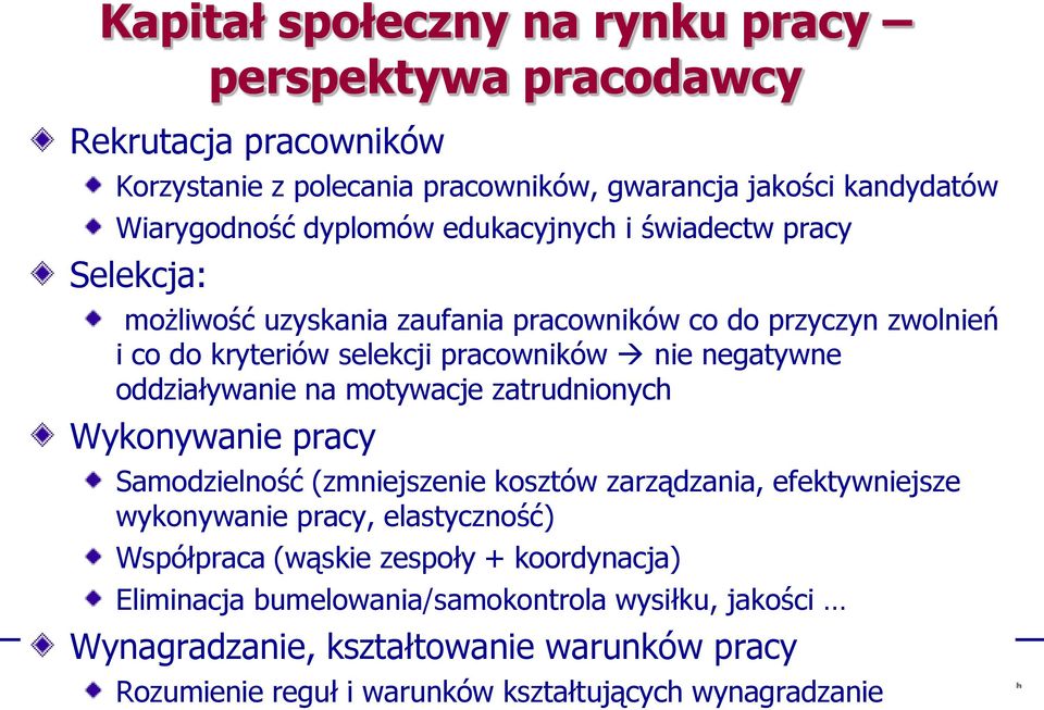 oddziaływanie na motywacje zatrudnionych Wykonywanie pracy Samodzielność (zmniejszenie kosztów zarządzania, efektywniejsze wykonywanie pracy, elastyczność) Współpraca