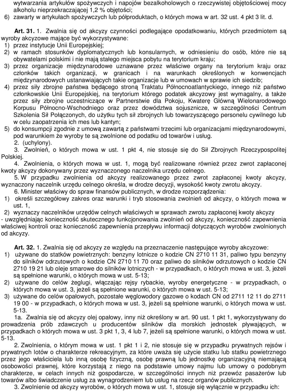 Zwalnia się od akcyzy czynności podlegające opodatkowaniu, których przedmiotem są wyroby akcyzowe mające być wykorzystywane: 1) przez instytucje Unii Europejskiej; 2) w ramach stosunków