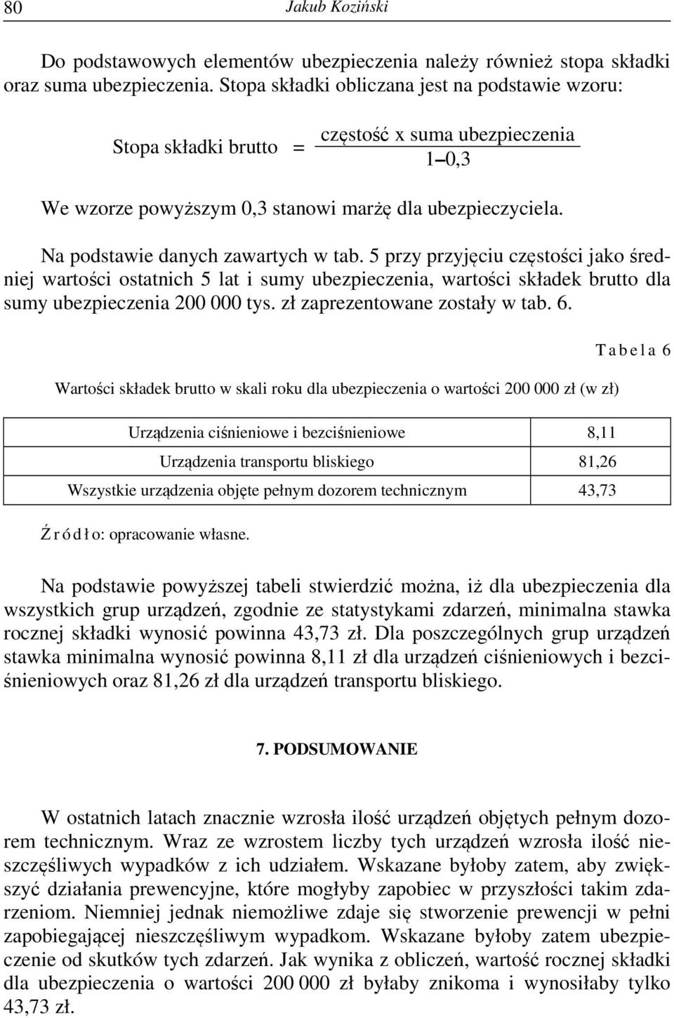 Na podstawie danych zawartych w tab. 5 przy przyjęciu częstości jako średniej wartości ostatnich 5 lat i sumy ubezpieczenia, wartości składek brutto dla sumy ubezpieczenia 200 000 tys.