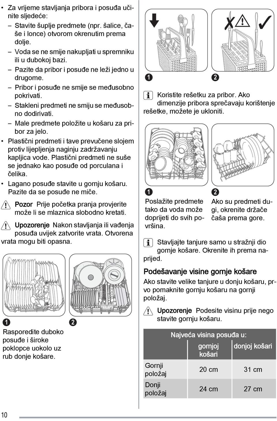 Male predmete položite u košaru za pribor za jelo. Plastični predmeti i tave prevučene slojem protiv lijepljenja naginju zadržavanju kapljica vode.