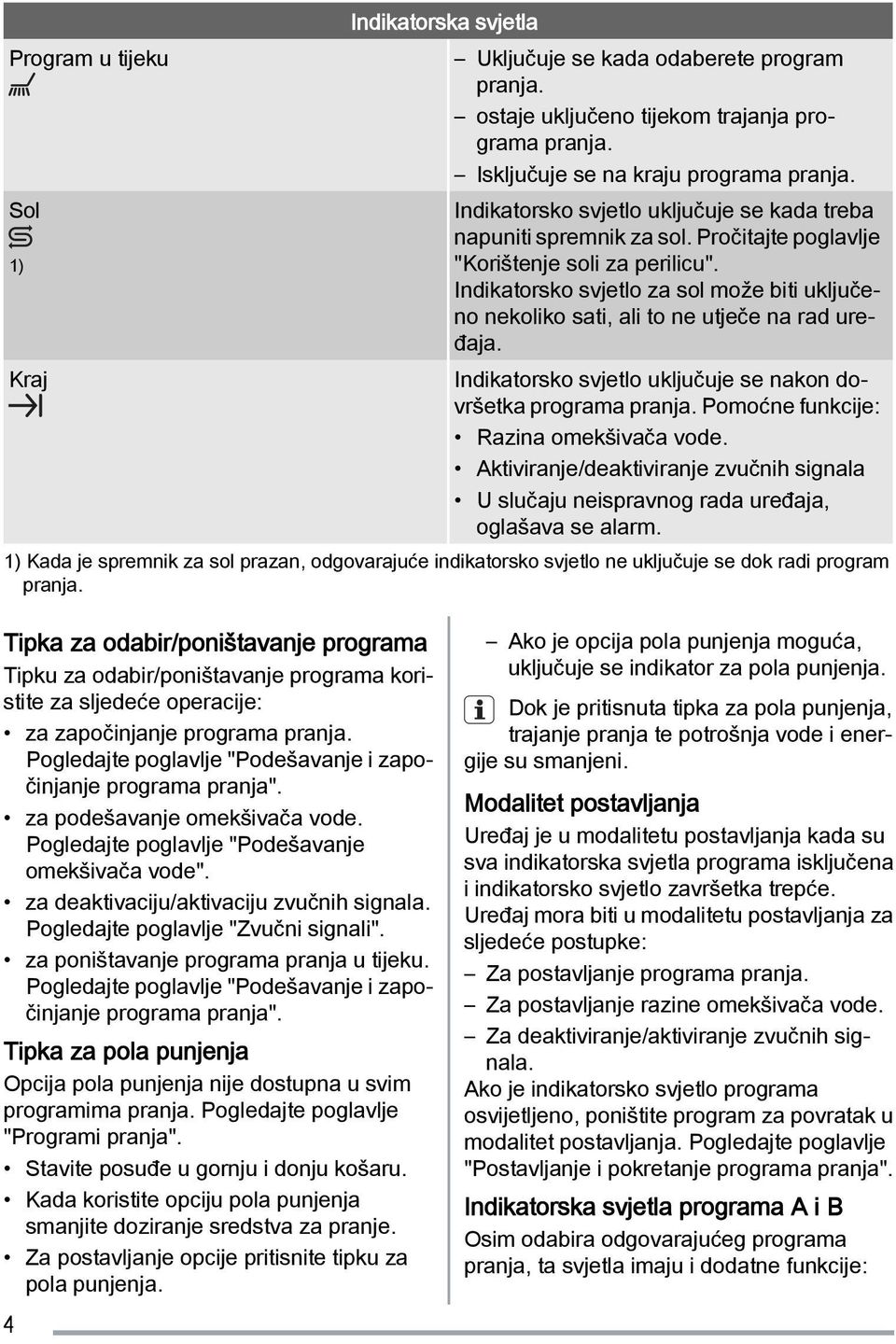 Indikatorsko svjetlo za sol može biti uključeno nekoliko sati, ali to ne utječe na rad uređaja. Kraj Indikatorsko svjetlo uključuje se nakon dovršetka programa pranja.