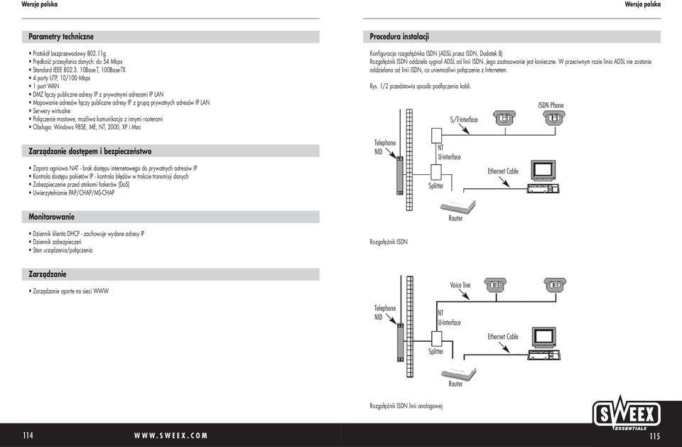 Serwery wirtualne Połączenie mostowe, możliwa komunikacja z innymi routerami Obsługa: Windows 98SE, ME, NT, 2000, XP i Mac Procedura instalacji Konfiguracja rozgałęźnika ISDN (ADSL przez ISDN,