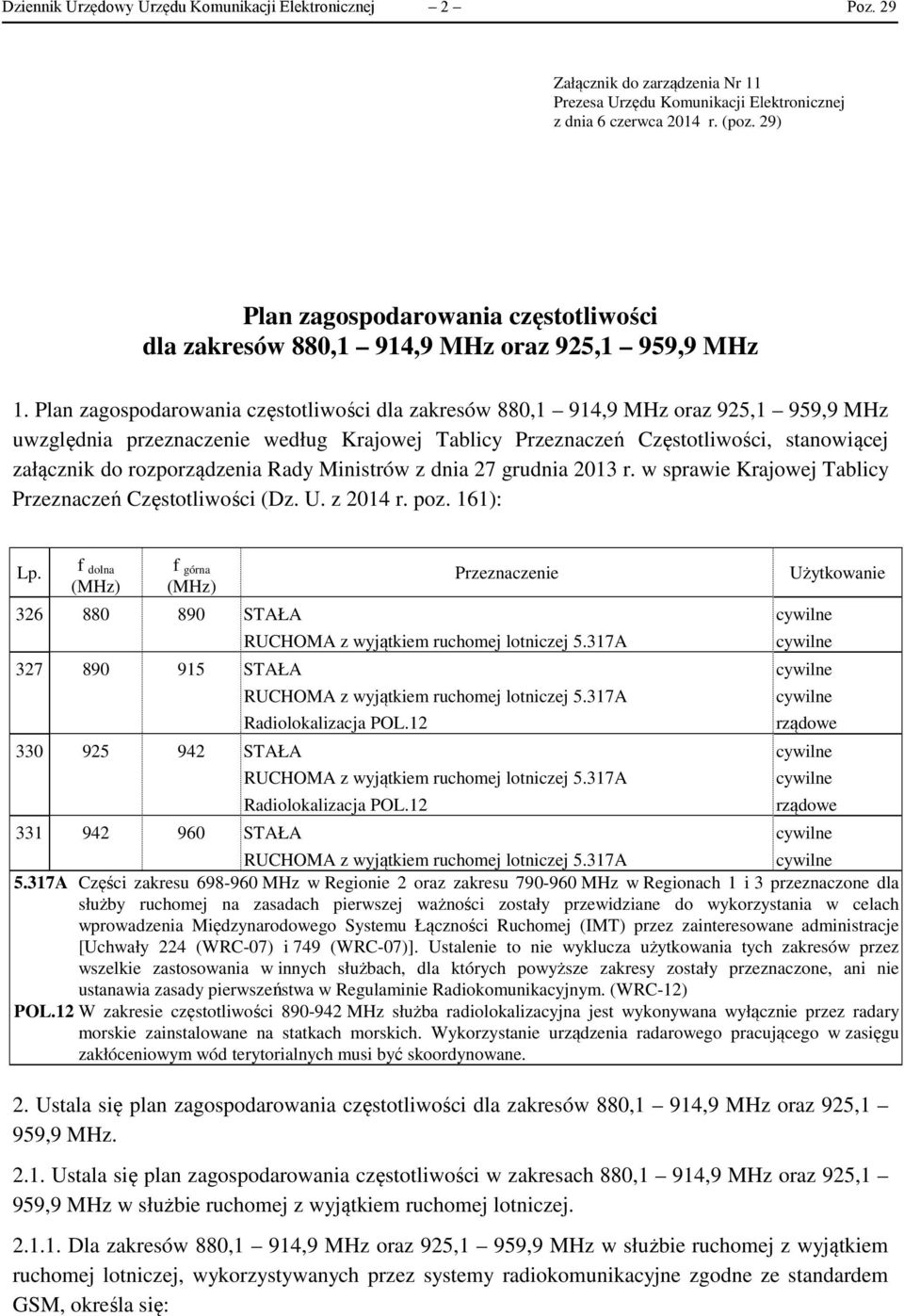 Plan zagospodarowania częstotliwości dla zakresów 880,1 914,9 MHz oraz 925,1 959,9 MHz uwzględnia przeznaczenie według Krajowej Tablicy Przeznaczeń Częstotliwości, stanowiącej załącznik do