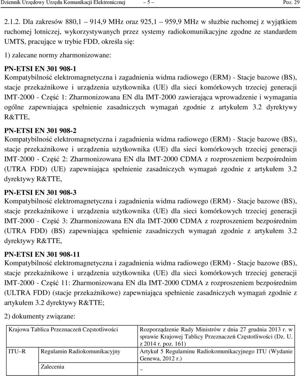 trybie FDD, określa się: 1) zalecane normy zharmonizowane: PN-ETSI EN 301 908-1 IMT-2000 - Część 1: Zharmonizowana EN dla IMT-2000 zawierająca wprowadzenie i wymagania ogólne zapewniająca spełnienie