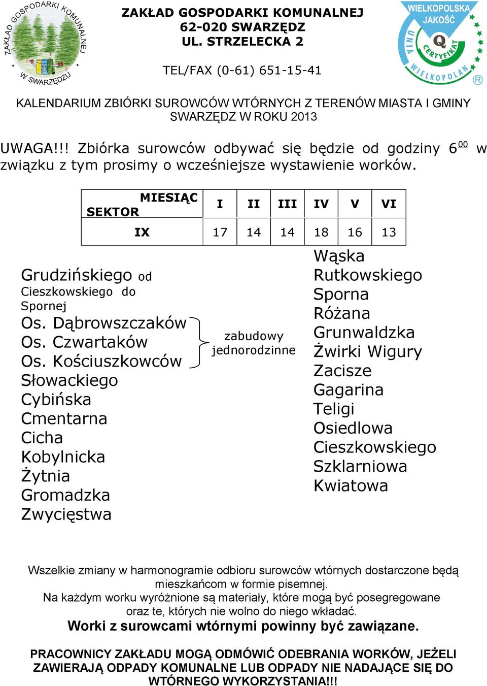 Kościuszkowców Słowackiego Cybińska Cmentarna Cicha Kobylnicka Żytnia Gromadzka Zwycięstwa IX 17 14 14 18 16
