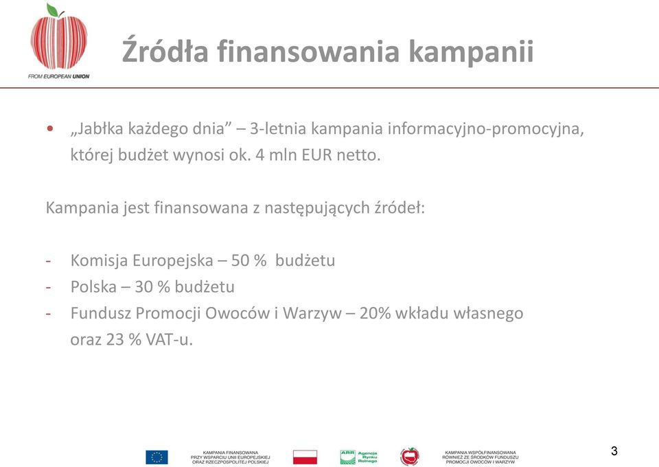 Kampania jest finansowana z następujących źródeł: - Komisja Europejska 50 %