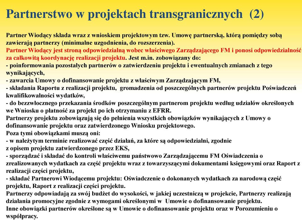 Partner Wiodący jest stroną odpowiedzialną wobec właściwego Zarządzającego FM i ponosi odpowiedzialność za całkowitą koordynację realizacji projektu. Jest m.in.