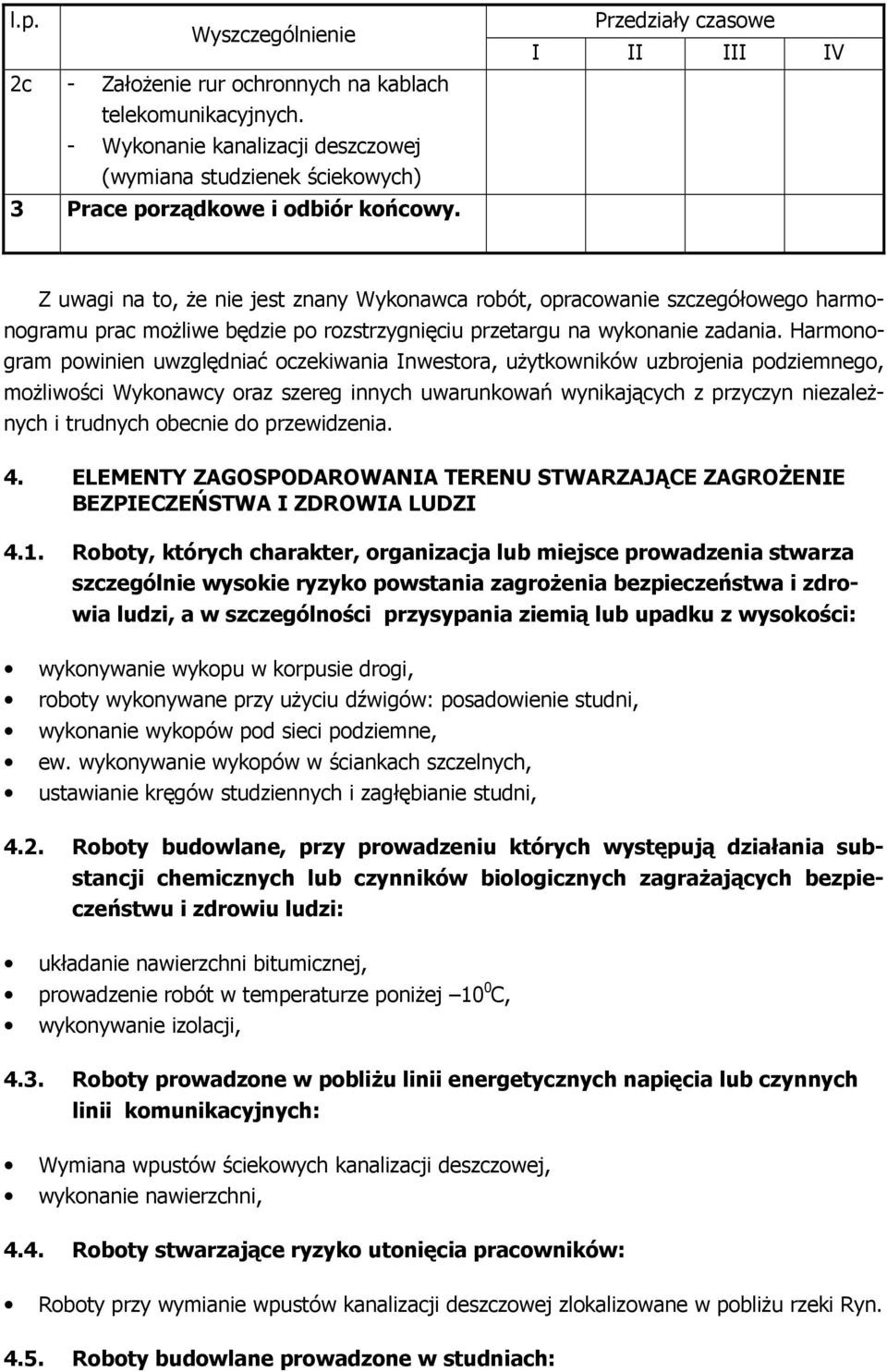 Harmonogram powinien uwzględniać oczekiwania Inwestora, uŝytkowników uzbrojenia podziemnego, moŝliwości Wykonawcy oraz szereg innych uwarunkowań wynikających z przyczyn niezaleŝnych i trudnych