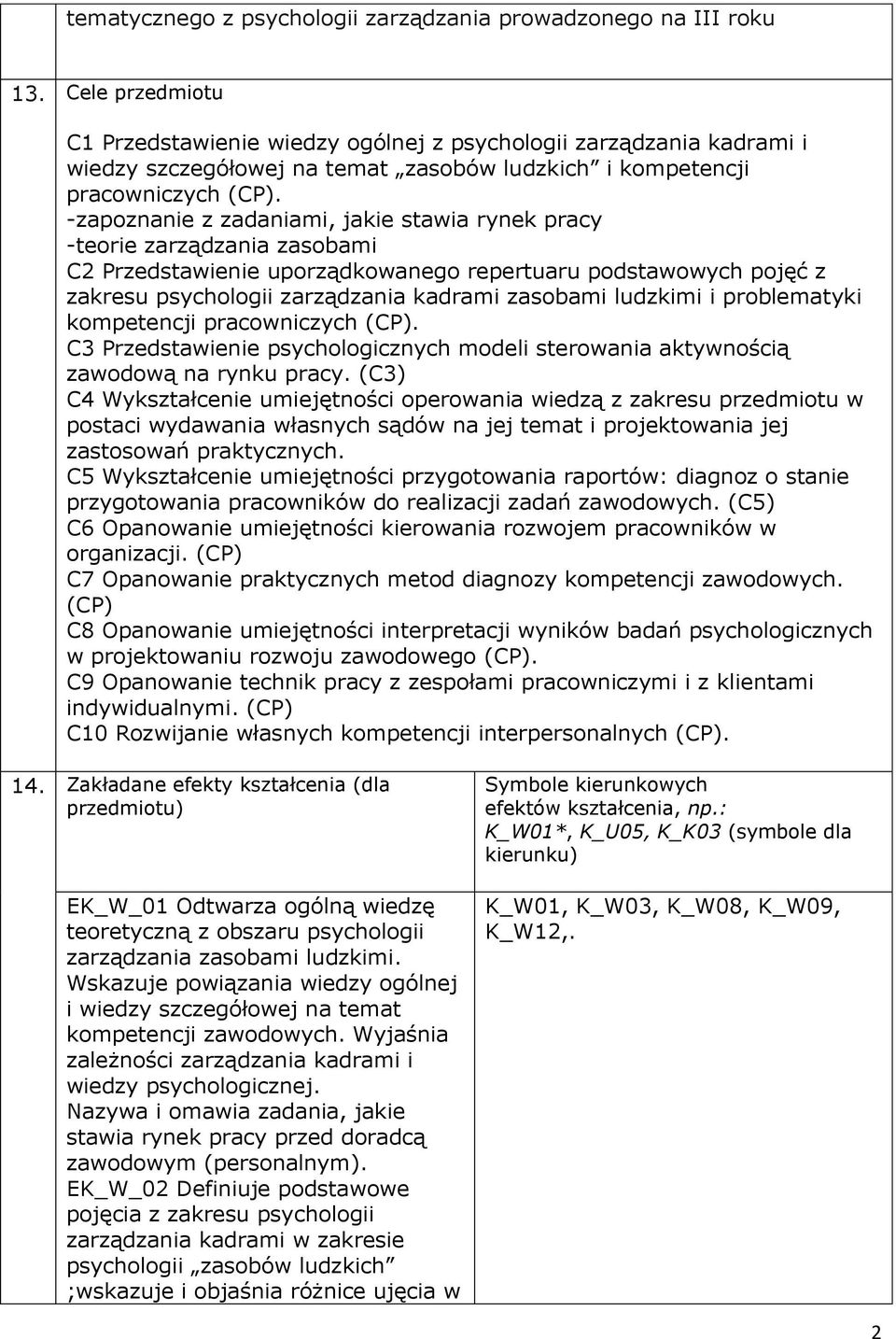 -zapoznanie z zadaniami, jakie stawia rynek pracy -teorie zarządzania zasobami C2 Przedstawienie uporządkowanego repertuaru podstawowych pojęć z zakresu psychologii zarządzania kadrami zasobami