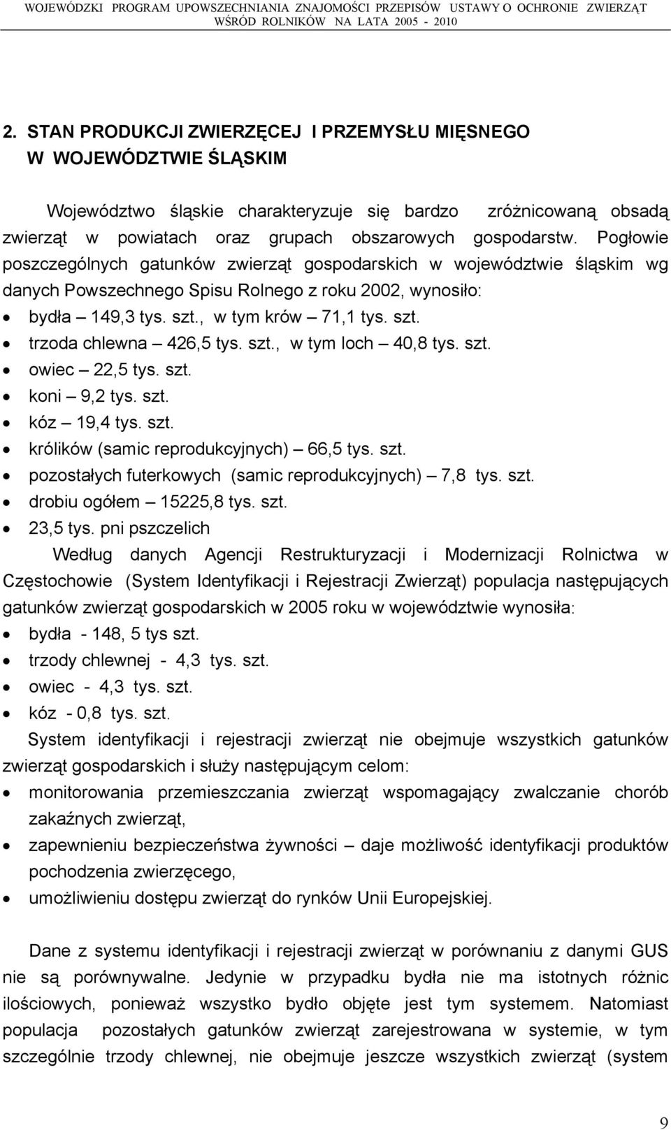 szt., w tym loch 40,8 tys. szt. owiec 22,5 tys. szt. koni 9,2 tys. szt. kóz 19,4 tys. szt. królików (samic reprodukcyjnych) 66,5 tys. szt. pozostałych futerkowych (samic reprodukcyjnych) 7,8 tys. szt. drobiu ogółem 15225,8 tys.