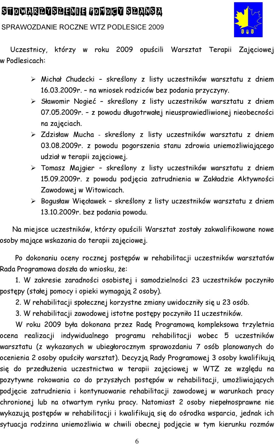 Zdzisław Mucha - skreślony z listy uczestników warsztatu z dniem 03.08.2009r. z powodu pogorszenia stanu zdrowia uniemożliwiającego udział w terapii zajęciowej.