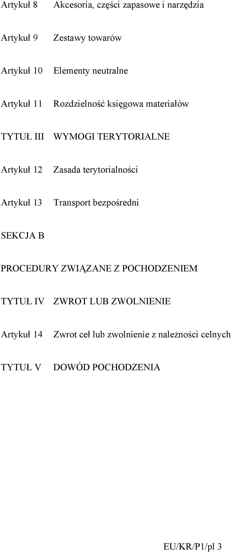 terytorialności Artykuł 13 Transport bezpośredni SEKCJA B PROCEDURY ZWIĄZANE Z POCHODZENIEM TYTUŁ IV
