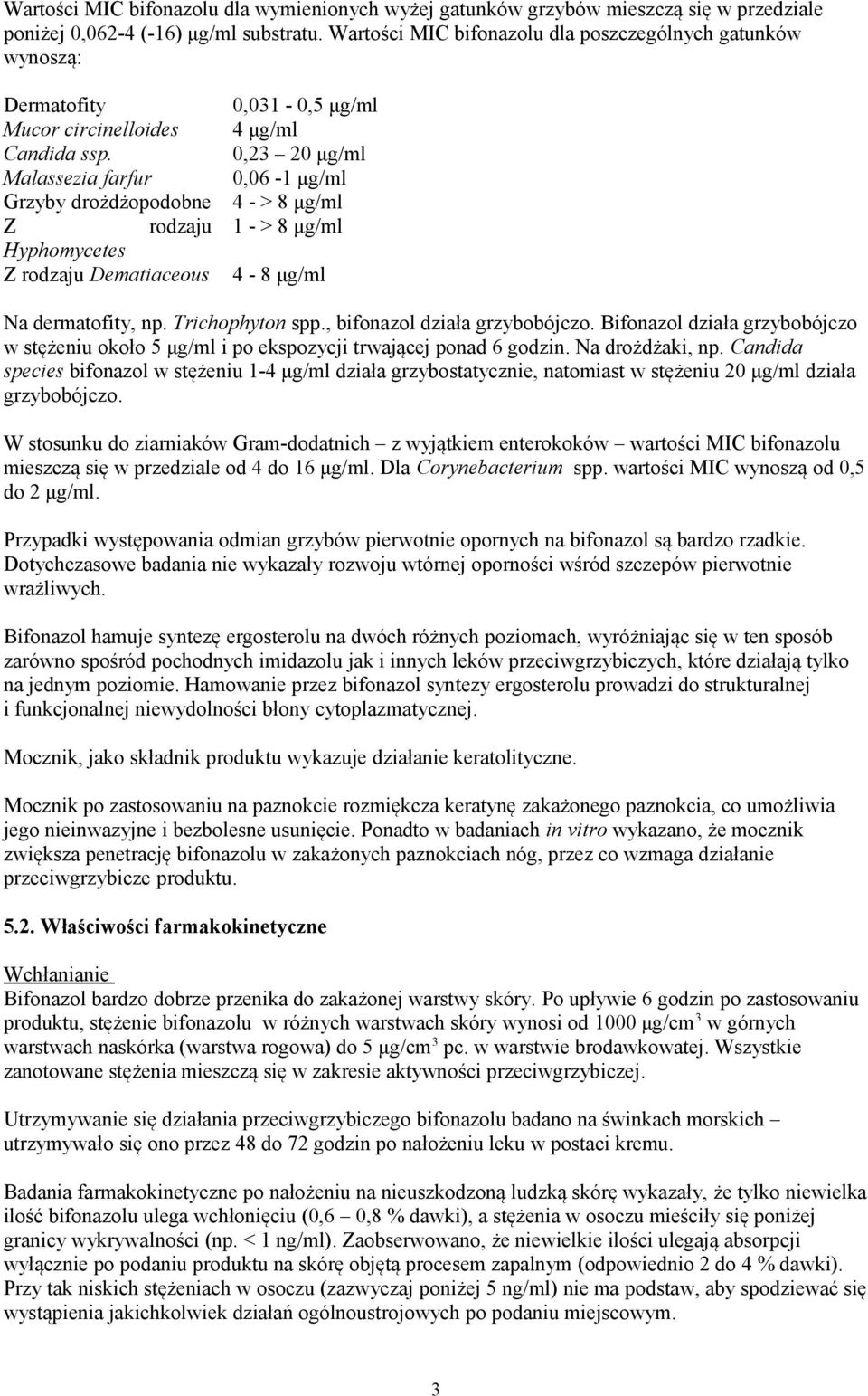 Malassezia farfur Grzyby drożdżopodobne Z rodzaju Hyphomycetes Z rodzaju Dematiaceous 0,031-0,5 μg/ml 4 μg/ml 0,23 20 μg/ml 0,06-1 μg/ml 4 - > 8 μg/ml 1 - > 8 μg/ml 4-8 μg/ml Na dermatofity, np.