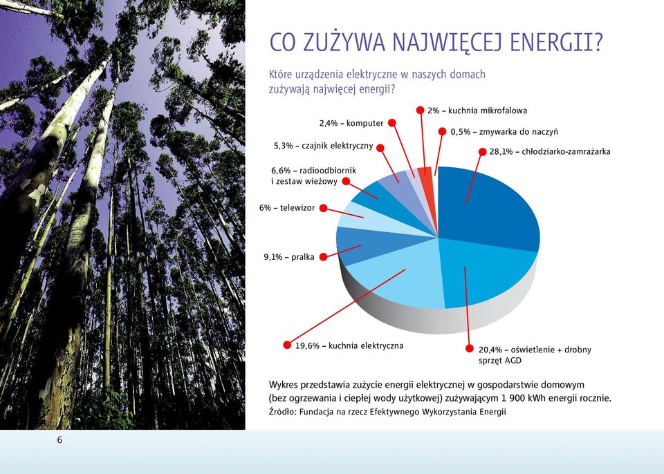 zestaw wieżowy 6% telewizor 9,1% pralka 19,6% kuchnia elektryczna 20,4% oświetlenie + drobny sprzęt AGD Wykres przedstawia zużycie energii