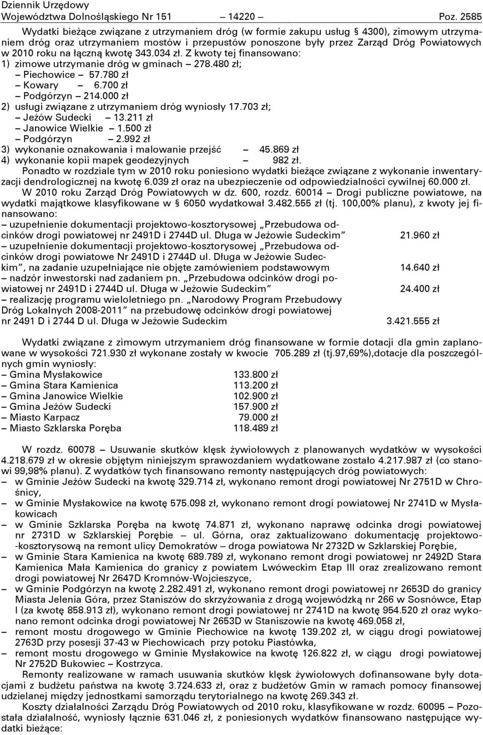 na łņcznņ kwotę 343.034 zł. Z kwoty tej finansowano: 1) zimowe utrzymanie dróg w gminach 278.480 zł; Piechowice 57.780 zł Kowary 6.700 zł Podgórzyn 214.