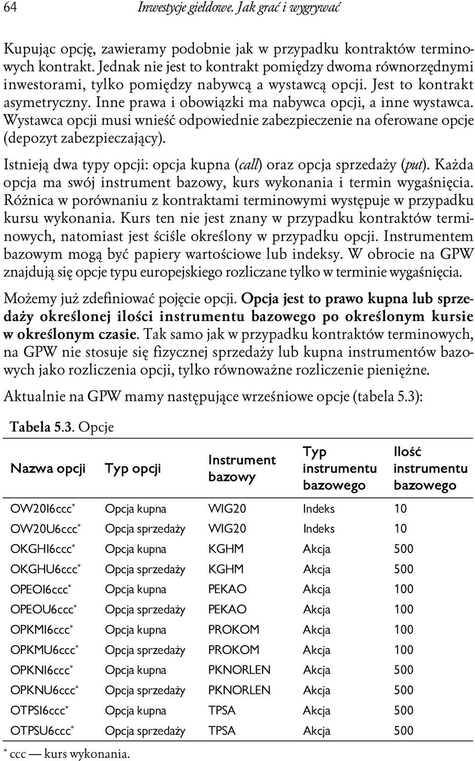 Wystawca opcji musi wnieść odpowiednie zabezpieczenie na oferowane opcje (depozyt zabezpieczający). Istnieją dwa typy opcji: opcja kupna (call) oraz opcja sprzedaży (put).