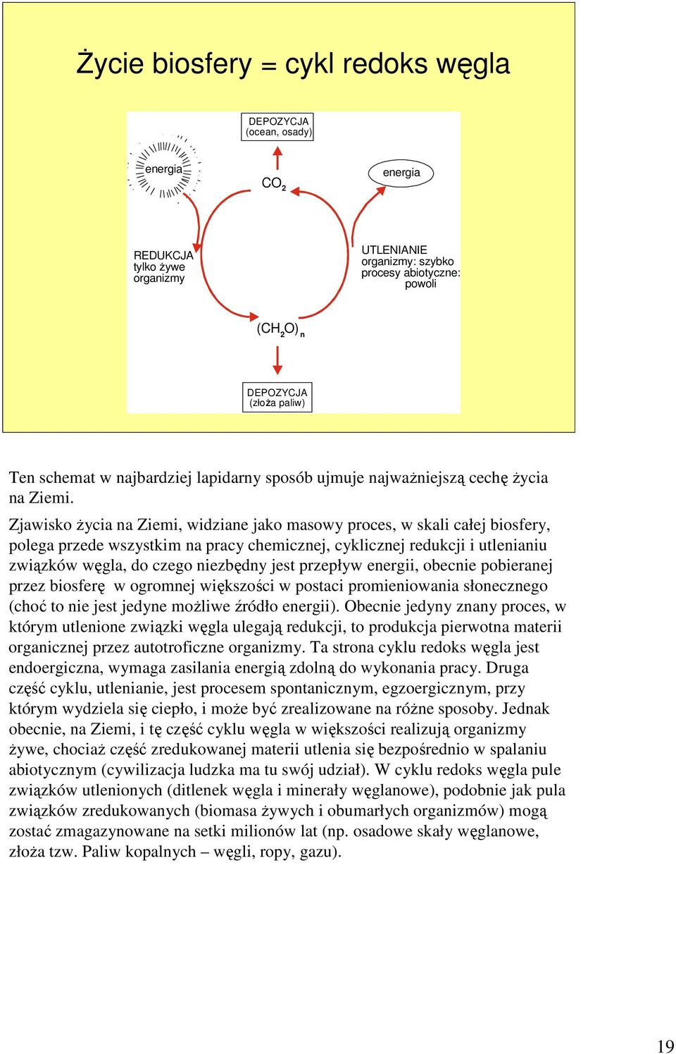Zjawisko Ŝycia na Ziemi, widziane jako masowy proces, w skali całej biosfery, polega przede wszystkim na pracy chemicznej, cyklicznej redukcji i utlenianiu związków węgla, do czego niezbędny jest