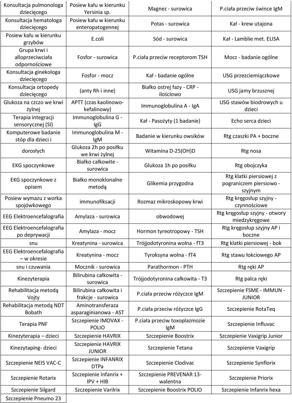 Posiew kału w kierunku enteropatogennej Magnez - surowica Potas - surowica P.ciała przeciw śwince IgM Kał - krew utajona E.coli Sód - surowica Kał - Lamblie met. ELISA Fosfor - surowica P.