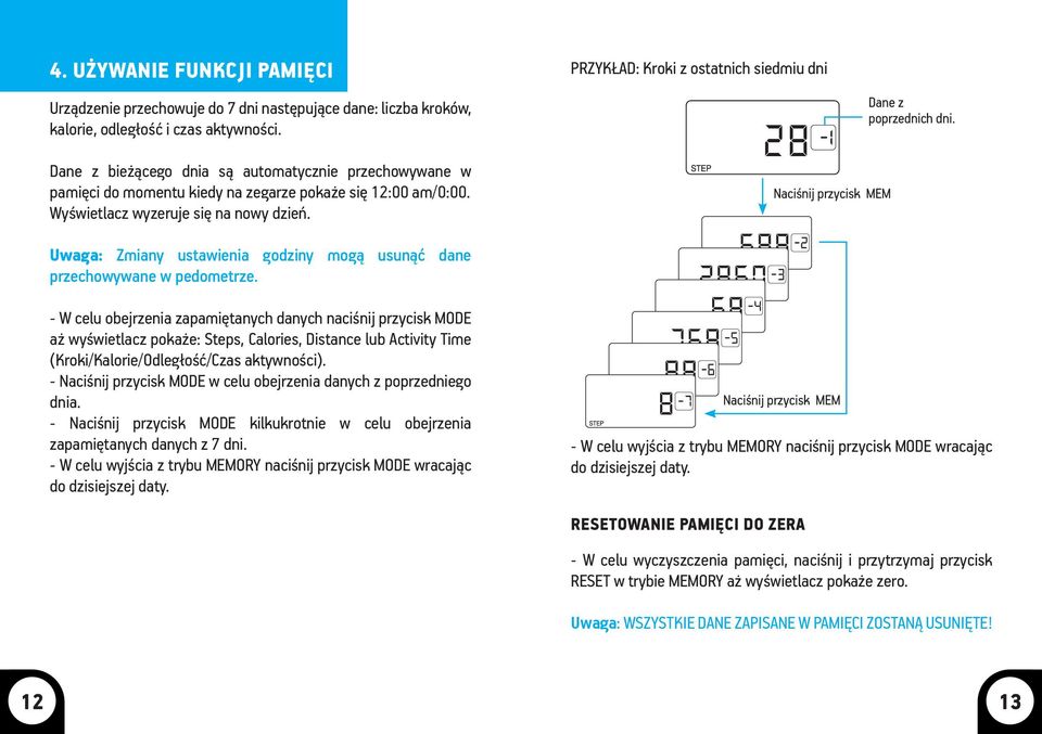 Naciśnij przycisk MEM Uwaga: Zmiany ustawienia godziny mogą usunąć dane przechowywane w pedometrze.