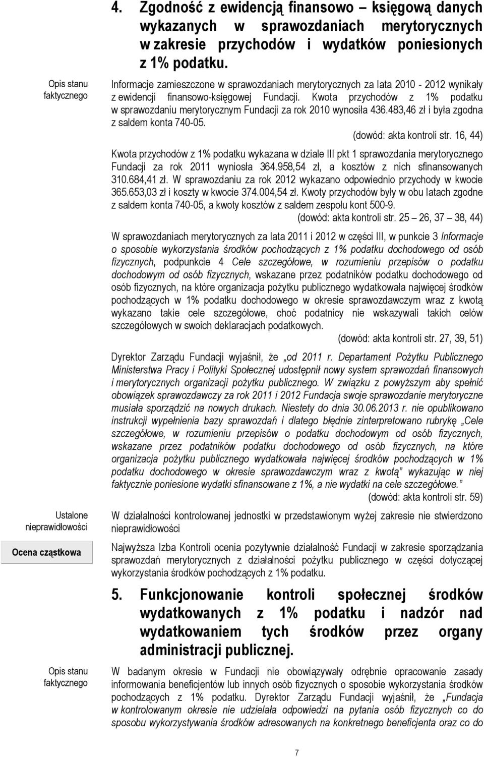 Kwota przychodów z 1% podatku w sprawozdaniu merytorycznym Fundacji za rok 2010 wynosiła 436.483,46 zł i była zgodna z saldem konta 740-05. (dowód: akta kontroli str.