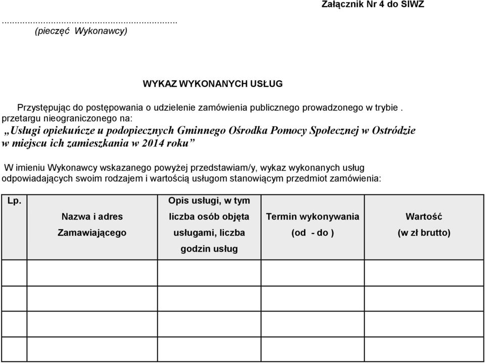 imieniu Wykonawcy wskazanego powyżej przedstawiam/y, wykaz wykonanych usług odpowiadających swoim rodzajem i wartością usługom stanowiącym przedmiot
