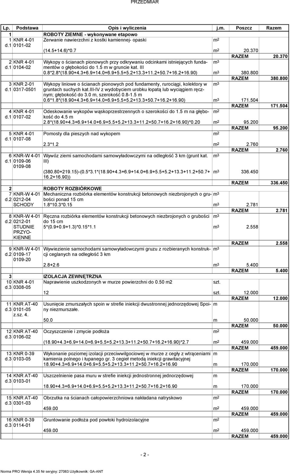 370 Wykopy o ścianach pionowych przy odkrywaniu odcinkai istniejących fundaentów 3 o głębokości do 1.5 w gruncie kat. III 0.8*2.8*(18.90+4.3+6.9+14.0+6.9+5.5+5.2+13.3+11.2+50.7+16.2+16.90) 3 380.