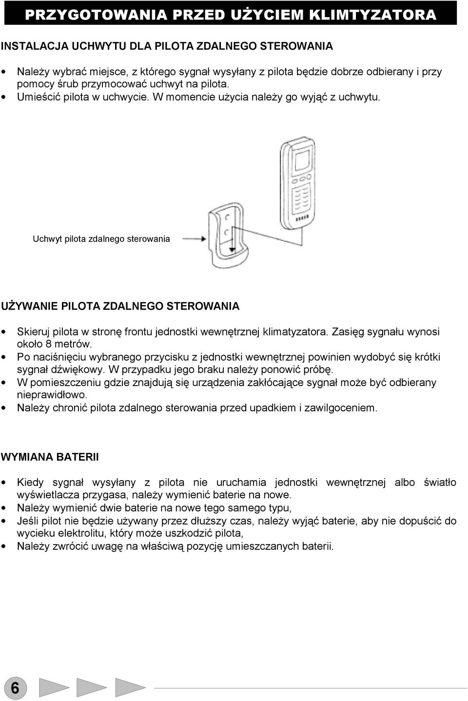 Uchwyt pilota zdalnego sterowania UŻYWANIE PILOTA ZDALNEGO STEROWANIA Skieruj pilota w stronę frontu jednostki wewnętrznej klimatyzatora. Zasięg sygnału wynosi około 8 metrów.