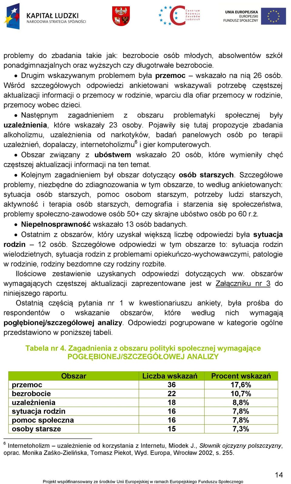 Wśród szczegółowych odpowiedzi ankietowani wskazywali potrzebę częstszej aktualizacji informacji o przemocy w rodzinie, wparciu dla ofiar przemocy w rodzinie, przemocy wobec dzieci.