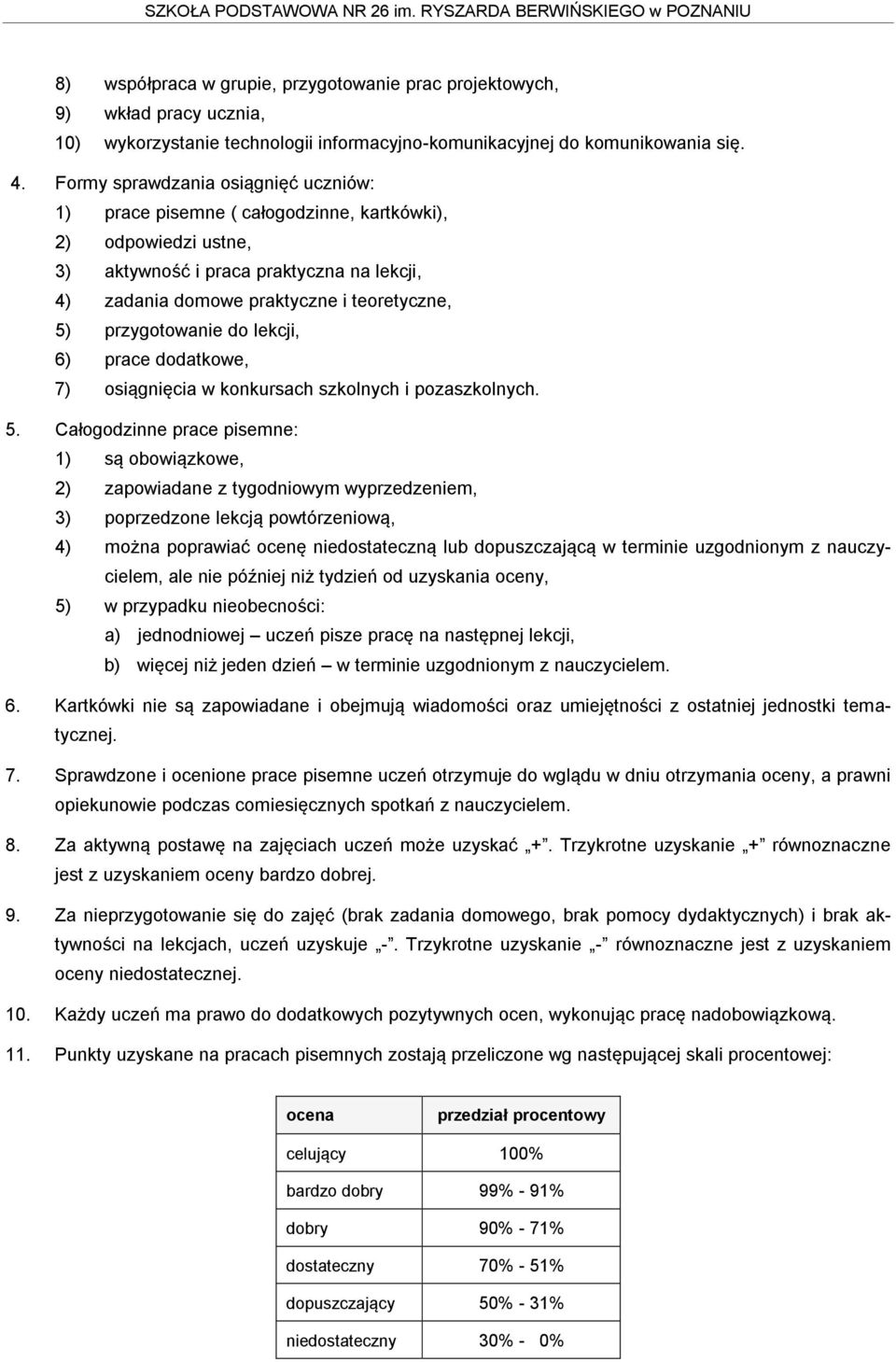 przygotowanie do lekcji, 6) prace dodatkowe, 7) osiągnięcia w konkursach szkolnych i pozaszkolnych. 5.