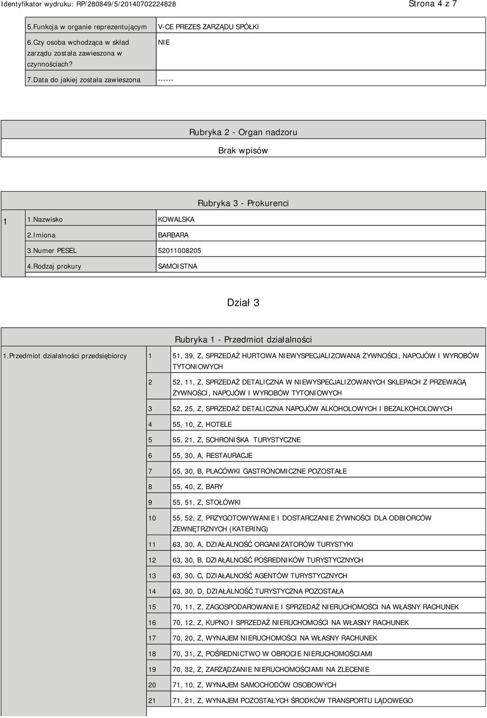 Rodzaj prokury SAMOISTNA Dział 3 Rubryka 1 - Przedmiot działalności 1.