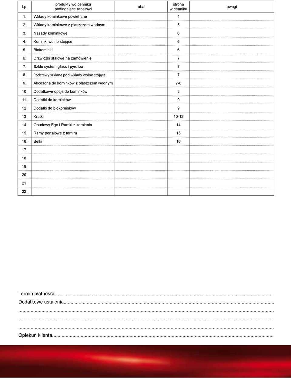 Podstawy szklane pod wkłady wolno stojące 7 9. Akcesoria do kominków z płaszczem wodnym 7-8 10. Dodatkowe opcje do kominków 8 11. Dodatki do kominków 9 12.