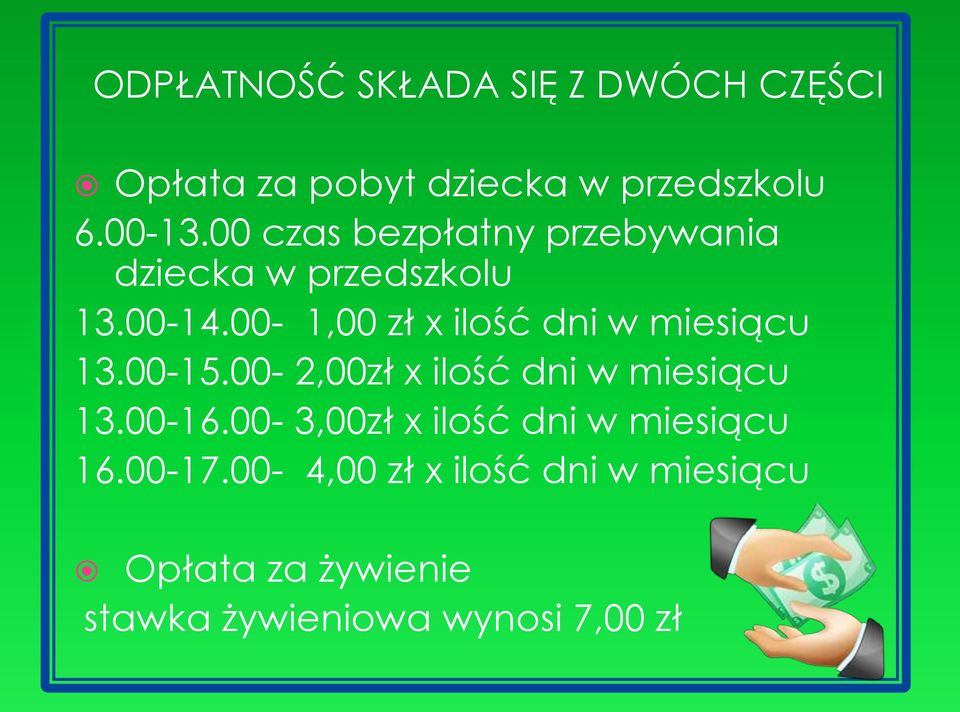 00-1,00 zł x ilość dni w miesiącu 13.00-15.00-2,00zł x ilość dni w miesiącu 13.00-16.