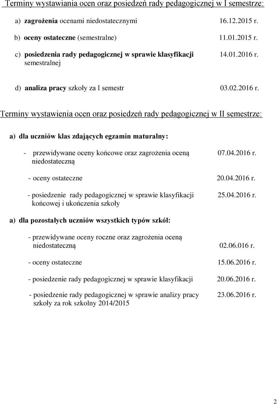 04.2016 r. niedostateczną - oceny ostateczne 20.04.2016 r. - posiedzenie rady pedagogicznej w sprawie klasyfikacji 25.04.2016 r. końcowej i ukończenia szkoły a) dla pozostałych uczniów wszystkich typów szkół: - przewidywane oceny roczne oraz zagrożenia oceną niedostateczną 02.