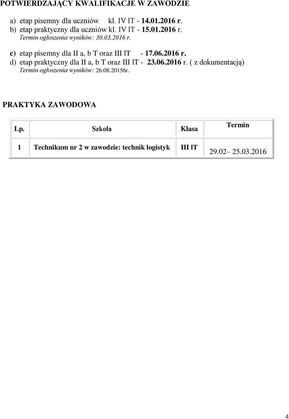 06.2016 r. d) etap praktyczny dla II a, b T oraz III lt - 23.06.2016 r. ( z dokumentacją) Termin ogłoszenia wyników: 26.