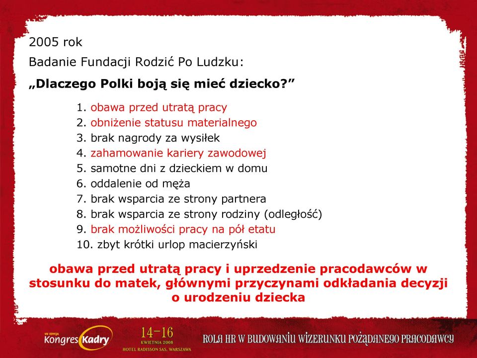 oddalenie od męża 7. brak wsparcia ze strony partnera 8. brak wsparcia ze strony rodziny (odległość) 9.