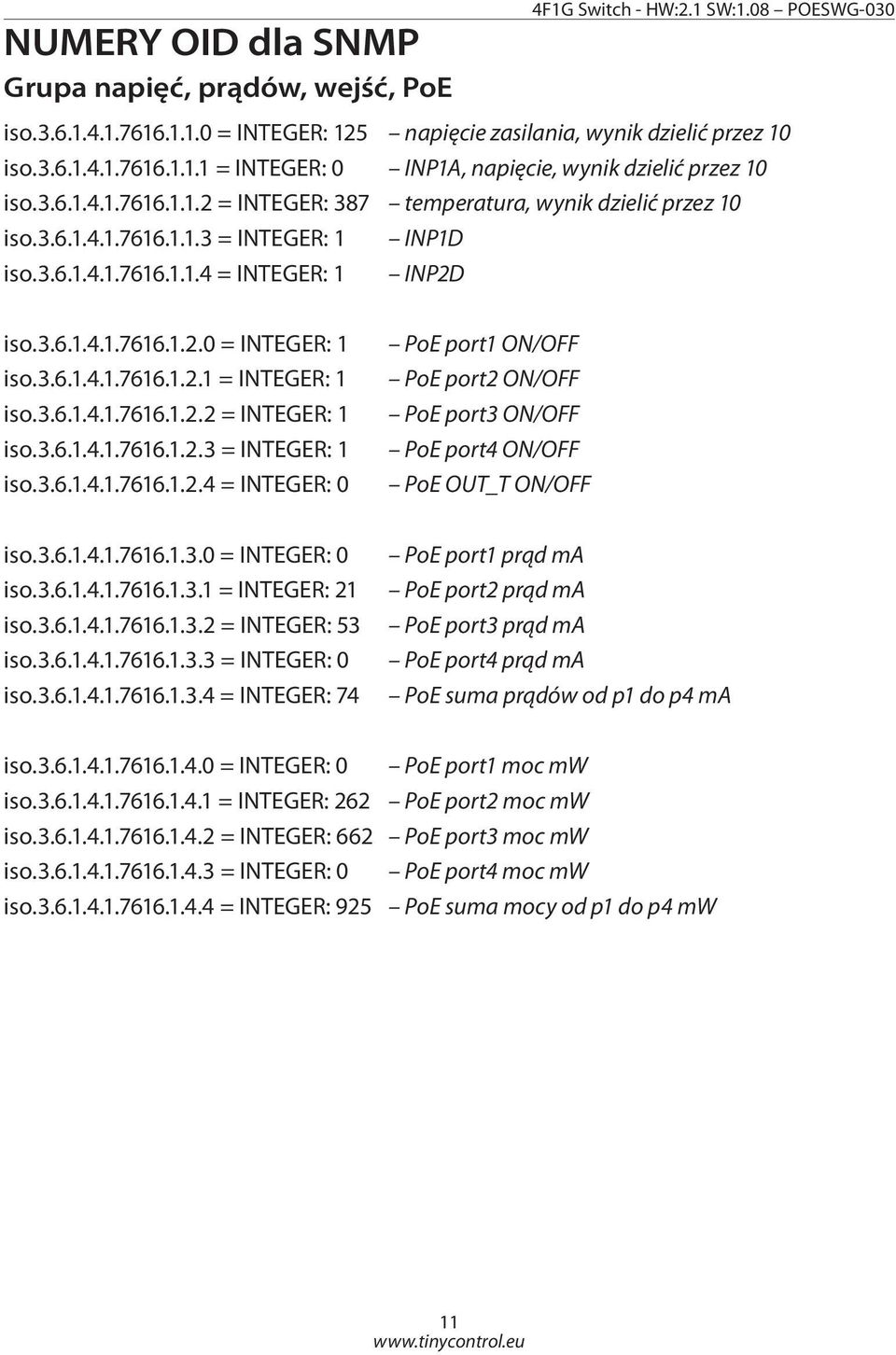 3.6.1.4.1.7616.1.2.1 = INTEGER: 1 iso.3.6.1.4.1.7616.1.2.2 = INTEGER: 1 iso.3.6.1.4.1.7616.1.2.3 = INTEGER: 1 iso.3.6.1.4.1.7616.1.2.4 = INTEGER: 0 PoE port1 ON/OFF PoE port2 ON/OFF PoE port3 ON/OFF PoE port4 ON/OFF PoE OUT_T ON/OFF iso.