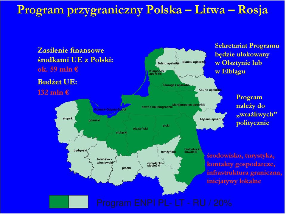 Marijampoles apskritis obwód kaliningradzki ełcki Kauno apskritis Alytaus apskritis Sekretariat Programu będzie ulokowany w Olsztynie lub w Elblągu Program