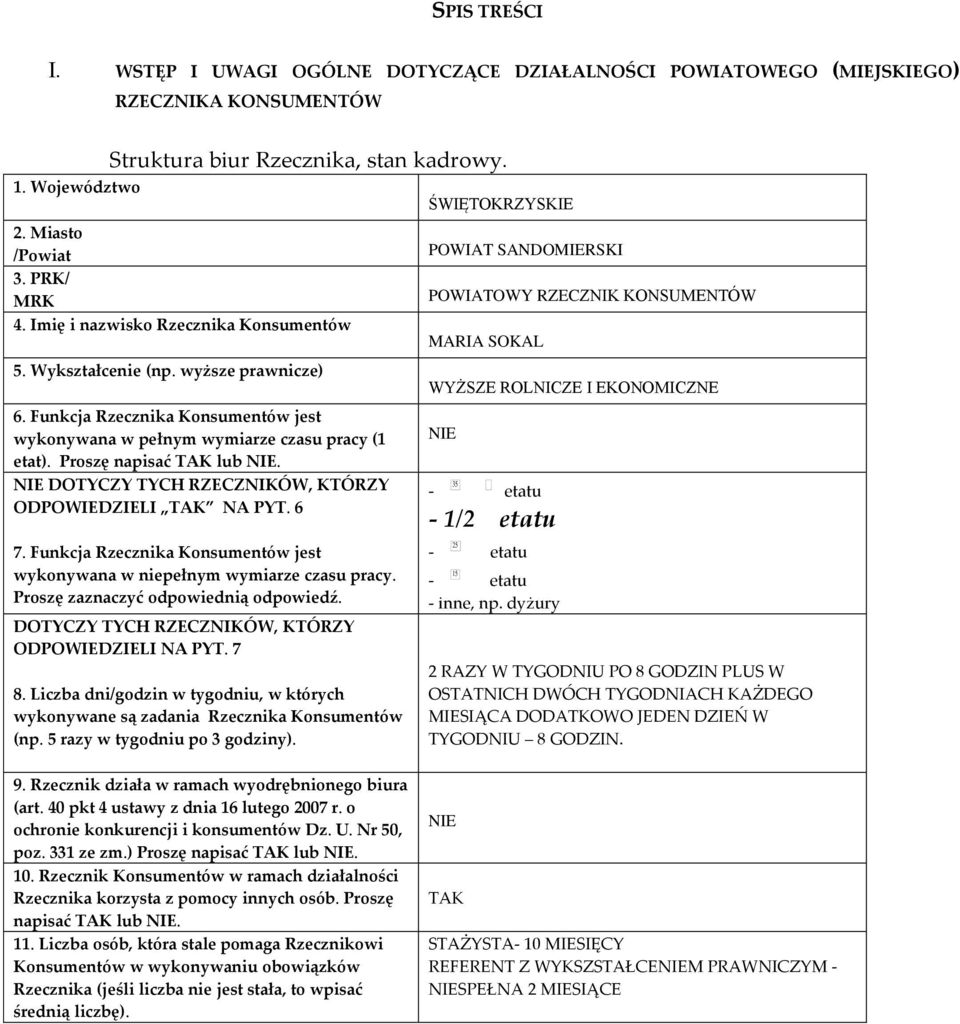 Proszę napisać TAK lub NIE. NIE DOTYCZY TYCH RZECZNIKÓW, KTÓRZY ODPOWIEDZIELI TAK NA PYT. 6 7. Funkcja Rzecznika Konsumentów jest wykonywana w niepełnym wymiarze czasu pracy.