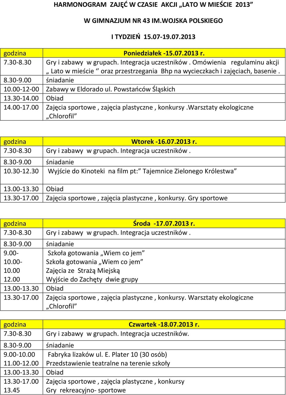 00 Zajęcia sportowe, zajęcia plastyczne, konkursy.warsztaty ekologiczne Chlorofil godzina Wtorek -16.07.2013 r. 10.30-12.30 Wyjście do Kinoteki na film pt: Tajemnice Zielonego Królestwa.