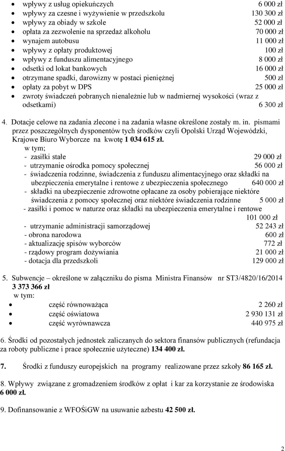 25 000 zł zwroty świadczeń pobranych nienależnie lub w nadmiernej wysokości (wraz z odsetkami) 6 300 zł 4. Dotacje celowe na zadania zlecone i na zadania własne określone zostały m. in.