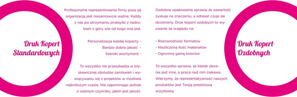 zwanie ze względu na: Druk Kopert Standardowych Personalizacja każdej koperty - Bardzo dobra jakość - Szeroki asortyment - - Róznorodność formatów - Niezliczoną ilość materiałów - Ogromną gamę