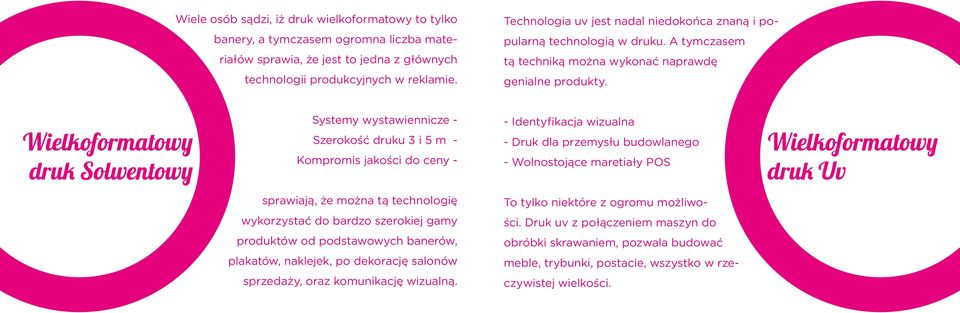 Wielkoformatowy druk Solwentowy Systemy wystawiennicze - Szerokość druku 3 i 5 m - Kompromis jakości do ceny - - Identyfikacja wizualna - Druk dla przemysłu budowlanego - Wolnostojące maretiały POS