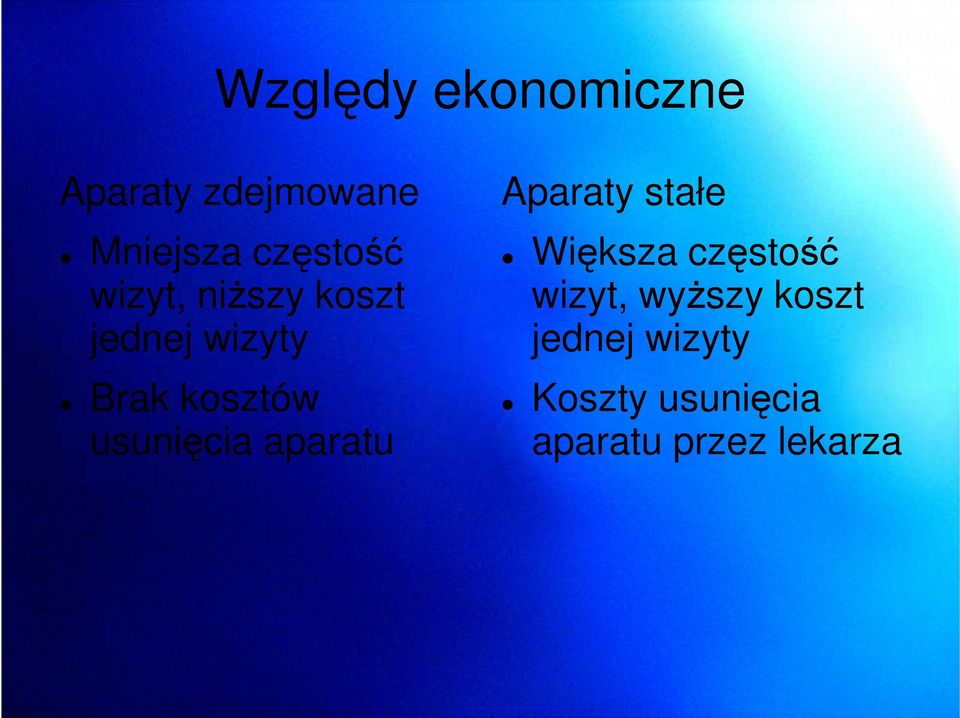 aparatu Aparaty stałe Większa częstość wizyt, wyŝszy