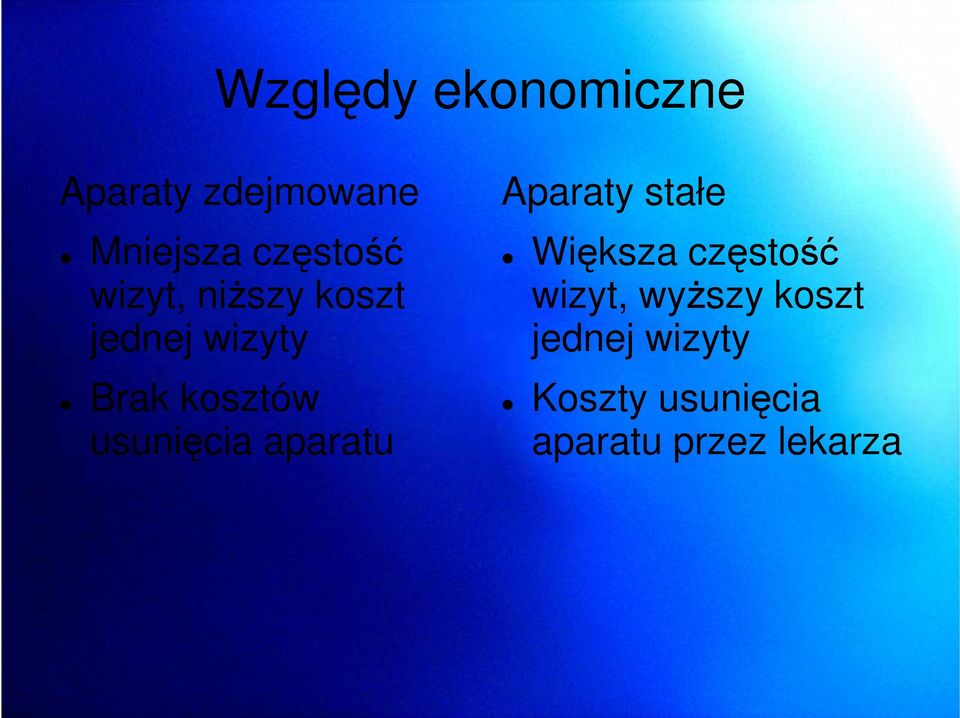 aparatu Aparaty stałe Większa częstość wizyt, wyŝszy