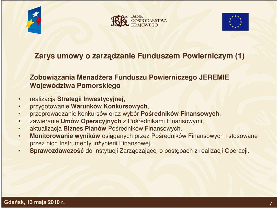 Operacyjnych z Pośrednikami Finansowymi, aktualizacja Biznes Planów Pośredników Finansowych, Monitorowanie wyników osiąganych przez Pośredników