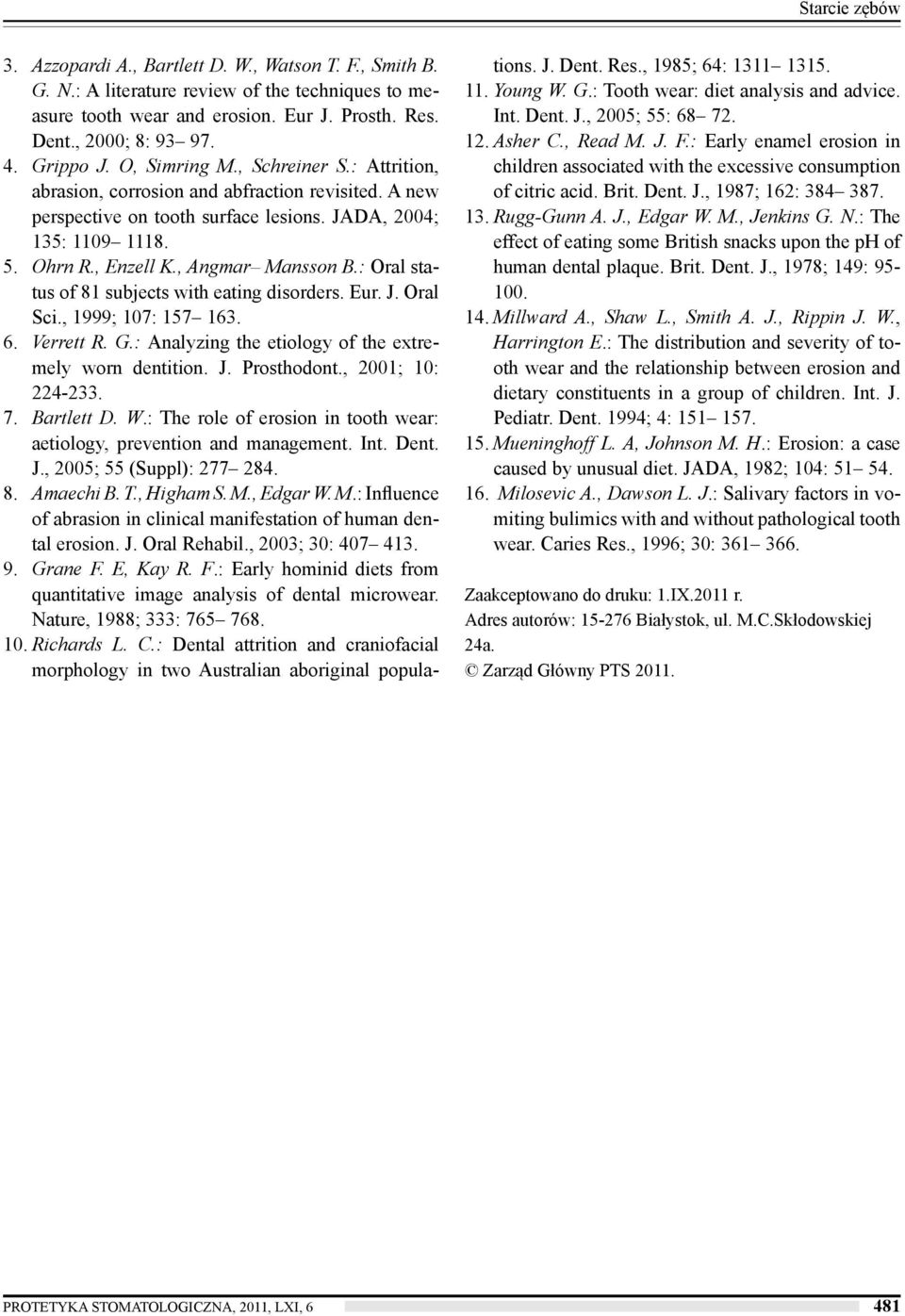 , Angmar Mansson B.: Oral status of 81 subjects with eating disorders. Eur. J. Oral Sci., 1999; 107: 157 163. 6. Verrett R. G.: Analyzing the etiology of the extremely worn dentition. J. Prosthodont.