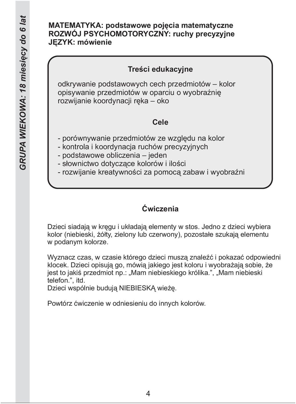 układają elementy w stos. Jedno z dzieci wybiera kolor (niebieski, żółty, zielony lub czerwony), pozostałe szukają elementu w podanym kolorze.