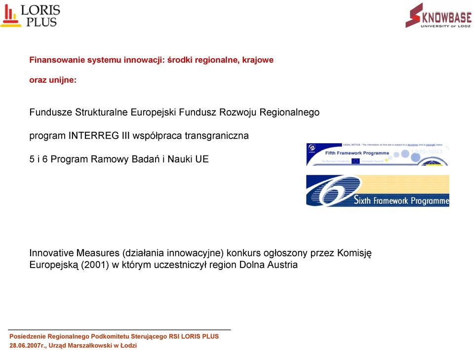 transgraniczna 5 i 6 Program Ramowy Badań i Nauki UE Innovative Measures (działania