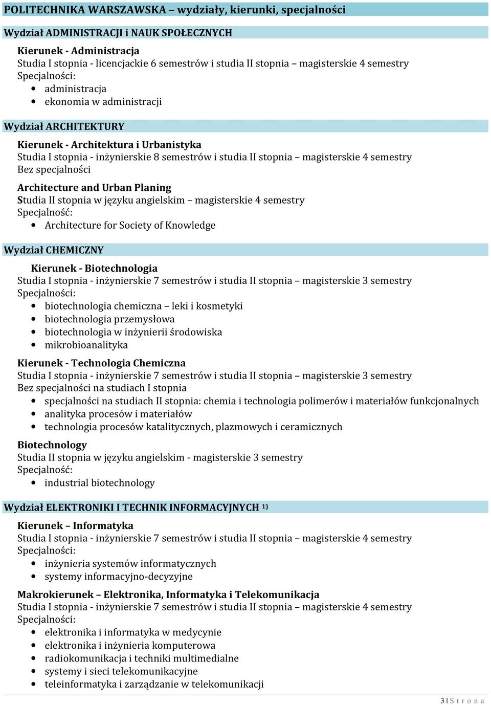 Bez specjalności Architecture and Urban Planing Studia II stopnia w języku angielskim magisterskie 4 semestry Architecture for Society of Knowledge Wydział CHEMICZNY Kierunek - Biotechnologia